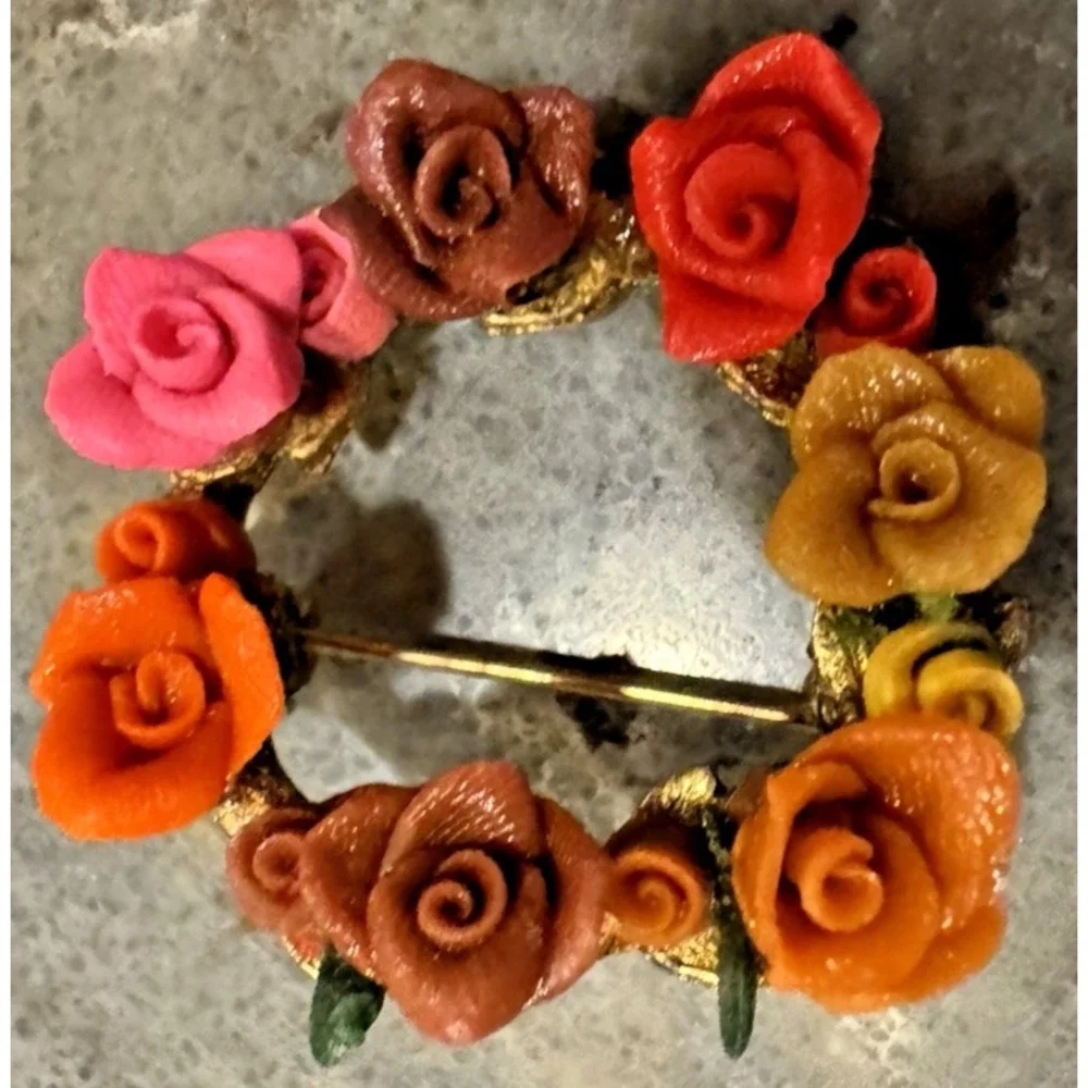 Vintage Floral Wreath Brooch Gold Tone Multi Color Resin Rose Pin